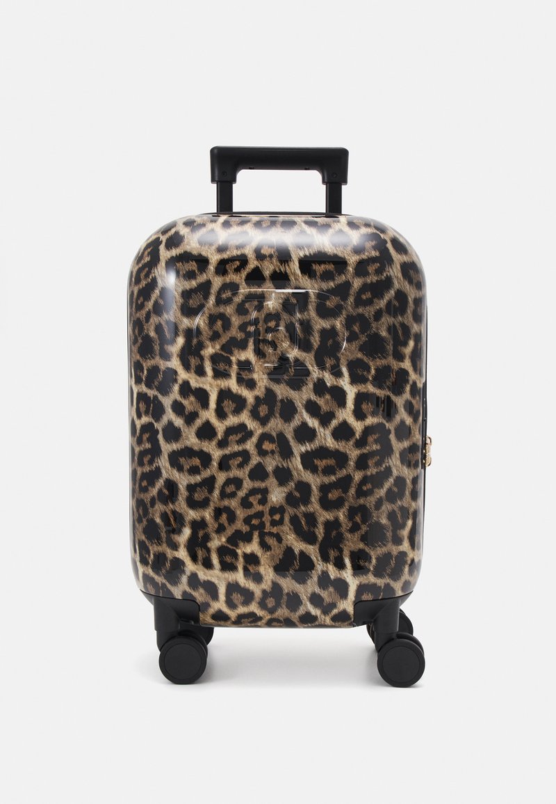 Hartschalenkoffer mit Leopardenmuster, schwarzen Rollen, schwarzem teleskopischem Griff und einem Reißverschluss mit goldener Hardware für einen einfachen Zugang.