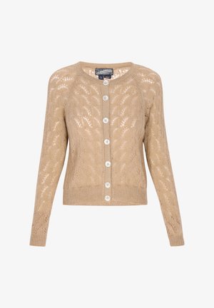 Vaahto beige neulecardigan, jossa on pitsikuvio, pyöreä pääntie ja viisi valkoista nappia edessä. Varren ja helman resorit.