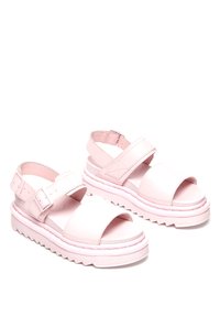 Sandali in pelle rosa con cinturini regolabili, design open toe, suola testurizzata e platofoma strati per un'altezza maggiore.