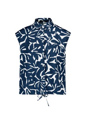 Blouse sans manches à col, motif abstrait de feuilles bleu marine et blanc, boutons sur le devant et lien à l'ourlet.