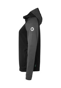 Zwart-grijze hoodie met een gladde textuur, ritszakken en een logo op de linkerschouder. Strakke pasvorm, lange mouwen.