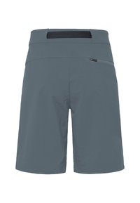 Shorts de sport gris foncé avec une poche zippée à l'arrière du côté droit et une large taille avec une bande élastique noire.