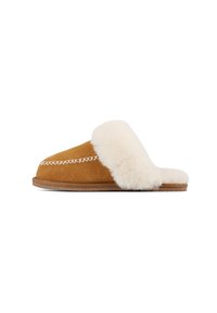 Pantofole in suede beige con un bordo di pelliccia bianca, caratterizzate da dettagli di cucitura lungo la parte superiore e una suola beige, progettate per comfort e calore.
