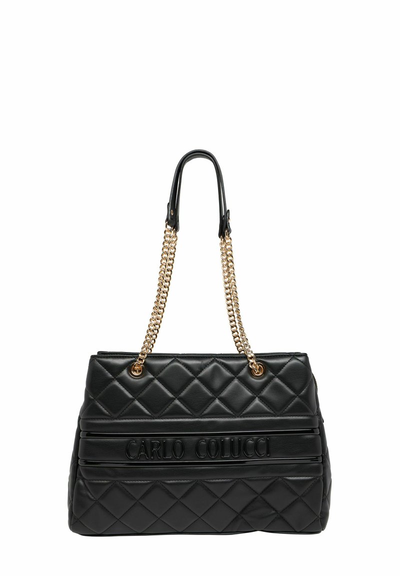 Black quilted handbag made of synthetic leather, featuring gold-tone chain straps and embossed brand name detail. Rectangular shape with smooth texture.