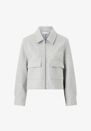 Light gray wool jacket with collar, front zipper, long sleeves, and two large flap pockets on the front.