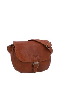 Bruine lederen crossbodytas met klep, gesp sluiting en verstelbare riem.