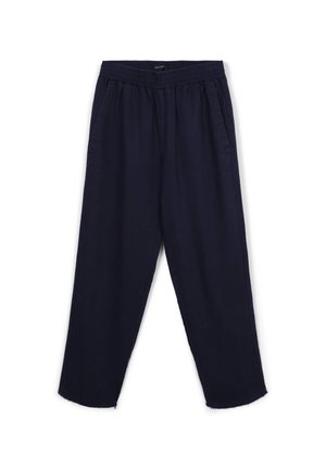 Nautischblaue, leichte Stoffhose mit elastischem Bund, seitlichen Taschen und geradem Bein-Design. Der Saum hat einen rohen, unversäuberten Abschluss.
