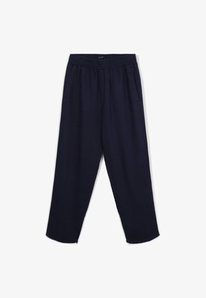 Nautischblaue, leichte Stoffhose mit elastischem Bund, seitlichen Taschen und geradem Bein-Design. Der Saum hat einen rohen, unversäuberten Abschluss.