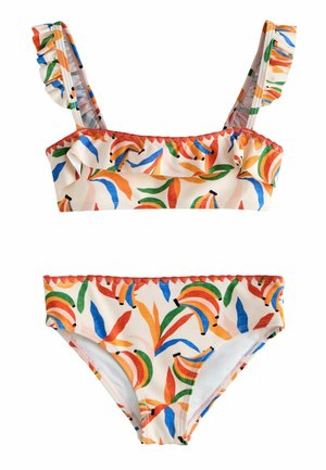 Costum de baie în două piese pentru fete, cu bretele cu volane și imprimeu colorat cu banane și frunze pe un fundal crem.