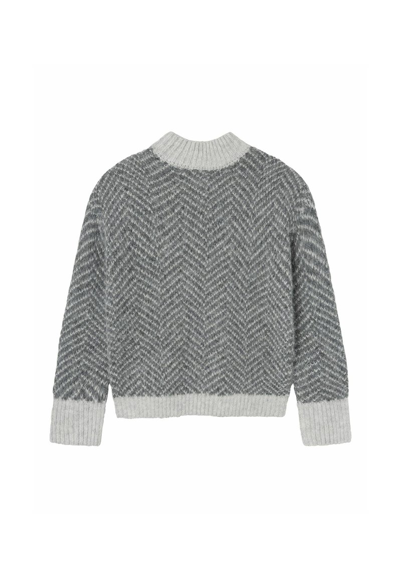 Suéter gris con patrón de espiga, con cuello redondo y puños acanalados. Textura suave, diseño corto, con dobladillo y cuello en un gris claro contrastante.