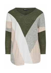 Haut long à manches V en vert, gris, blanc et rose avec un design de blocs de couleur géométriques en tissu doux et texturé. Ourlet incurvé.