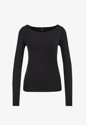 Schwarzes Langarmshirt mit weitem Ausschnitt und figurnaher Passform. Hergestellt aus einem glatten Stoff mit leichtem Stretch, ohne sichtbare Muster oder Akzente.