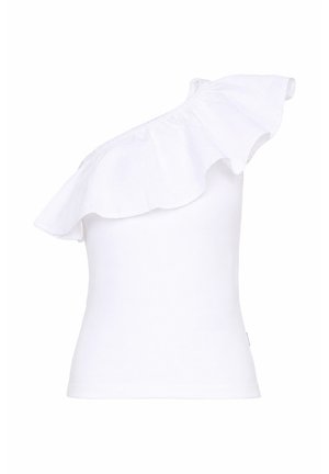 Biały damski top bez rękawów z asymetrycznym dekoltem i dużym detalem falbany na jednym ramieniu i na piersi.