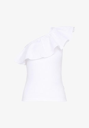 Witte dames top zonder mouwen met asymmetrische halslijn en grote ruches over één schouder en borst.