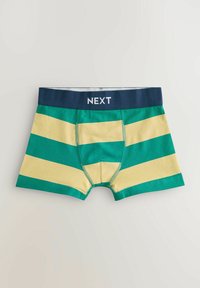 Shorts boxers rayés vert et jaune avec une taille élastique bleu marine arborant le logo "NEXT". Matériau en coton doux, design taille mi-haute.