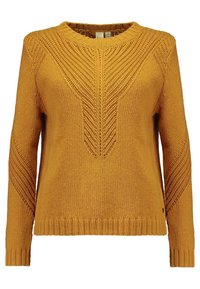 Senfgelber gestrickter Pullover mit Rundhalsausschnitt, der strukturierte Muster an den Schultern und einen gerippten Saum aufweist. Leichtes Material.