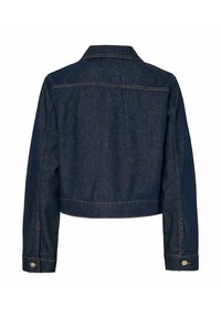 Jeans jakna tamno plave boje sa dugim rukavima, ovratnikom i dugmadima na manžetama. Ima šavne na leđima i skraćeni dizajn.