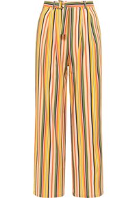 Gestreifte, weit geschnittene Hose in verschiedenen Farben mit einem Gürtel in der Taille und gepresster Vorderseite. Das Material scheint leicht und hat eine glatte Textur.