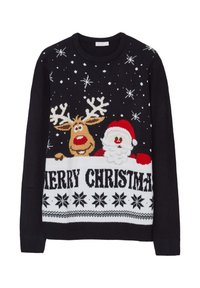 Schwarzer gestrickter Weihnachtspullover mit einem Weihnachtsmann und einem Rentier, weißen Schneeflocken und dem Text "FRÖHLICHE WEIHNACHTEN" mit dekorativen Akzenten.