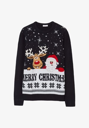 Maglione natalizio nero a maglia, con Babbo Natale e una renna, fiocchi di neve bianchi e la scritta "BUON NATALE" con accentuazioni decorative.
