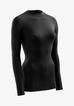 Musta pitkähihainen tiukka paita, joka on valmistettu sileästä, joustavasta kankaasta, jossa on korkea kaula-aukko ja litteät saumat, tarjoten tyylikkään ja virtaviivaisen siluetin.