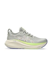 Light grey running shoe made of breathable mesh, featuring a green accent, visible textured midsole, and patterned laces.
