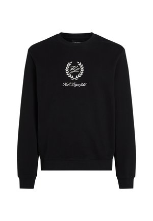 Zwarte sweatshirt van een katoenmengsel, met een ronde halslijn, geribbelde manchetten en een wit geborduurd logo met een lauwerkrans op de borst.