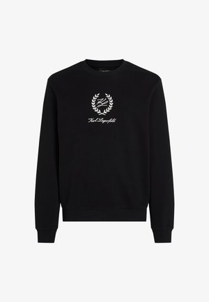 Čierna mikina vyrobená z bavlneného zmesového materiálu, s okrúhlym výstrihom, rebrovanými manžetami a bielym vyšitým logom s vavrínovým vencom na hrudi.