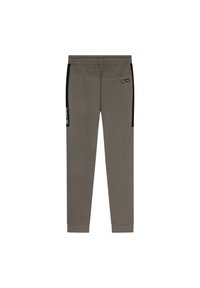 Olijfgroene sweatpants met zwarte zijstrepen, aansluitende boorden en een achterzak, gemaakt van zachte, rekbare stof. Etiket aan de zijkant van de tailleband.