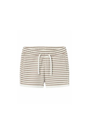 Beige und weiße horizontal gestreifte Strickshorts mit elastischem Bund und weißem Kordelzug, mit Seitentaschen.
