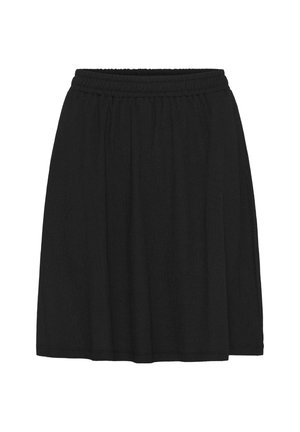 Sort nederdel med elastisk talje, lavet af letvægtsstof, med en afslappet pasform og knælangt design. Glat tekstur, uden mønstre.