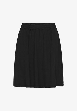 Jupe noire avec une taille élastique, fabriquée en tissu léger, avec une coupe décontractée et un design à hauteur du genou. Texture lisse, sans motifs.