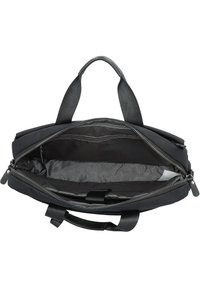 Sac à dos en tissu noir pour ordinateur portable avec deux poignées supérieures et une fermeture éclair. L'intérieur est doté d'une doublure texturée, de poches et d'une sangle d'organisation.