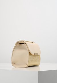 Borsa beige con base in paglia texturizzata e patta in pelle liscia. Presenta accessori in metallo dorato e una tracolla a catena. Forma rettangolare.