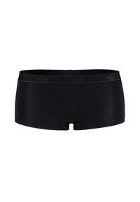 Mustat puuvillaboksereita, joissa on sileä pinta, leveä joustava vyötärönauha ja ommeltu reunus. Ei näkyviä logoja tai kuvioita.