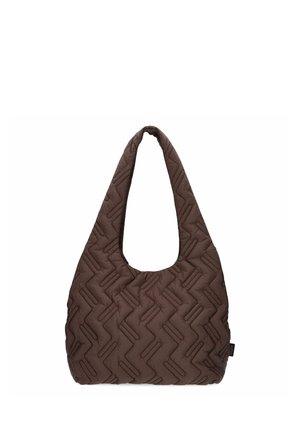 Brown quilted fabric shoulder bag with a wide strap and geometric zigzag stitching pattern, shown on a white background.