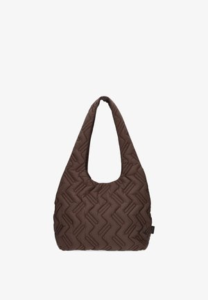 Brown quilted fabric shoulder bag with a wide strap and geometric zigzag stitching pattern, shown on a white background.