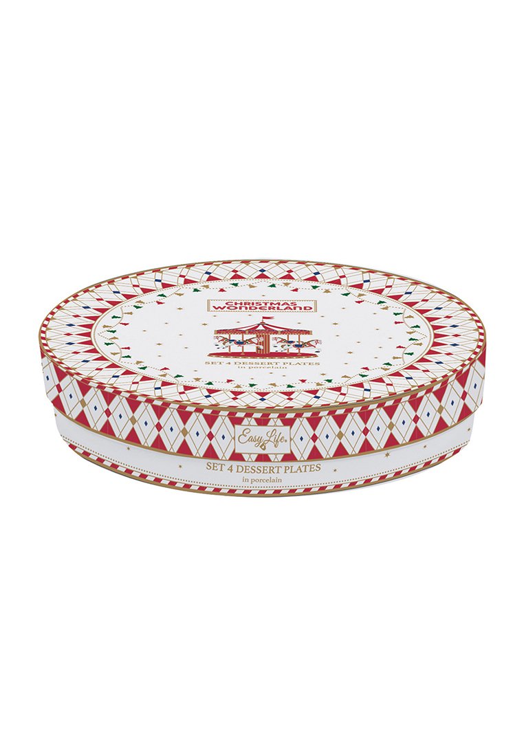 Scatola rotonda a tema natalizio con motivo a diamante rosso e oro, etichettata "Set di 4 piatti per dessert in porcellana" con illustrazione di un carosello sulla parte superiore.