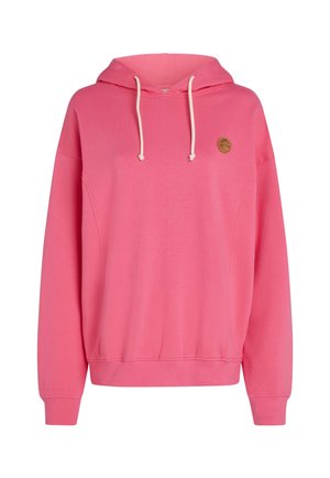 Felpa rosa con grande tasca frontale, cappuccio con cordino, polsini e orlo a coste. Presenta un piccolo logo rotondo sul lato sinistro superiore.