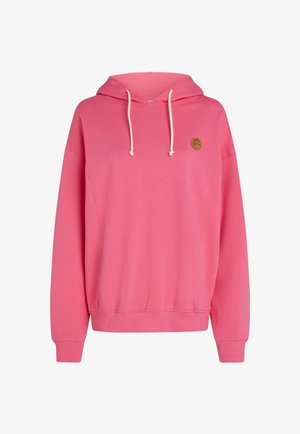 Różowa bluza z kapturem, z dużą kieszenią z przodu, sznurkiem przy kapturze, żebrowanymi mankietami i dołem. Posiada małe okrągłe logo na górnej lewej stronie.