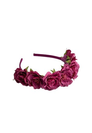 Headband decorated with dark pink fabric roses and green leaves, arranged evenly around the band.