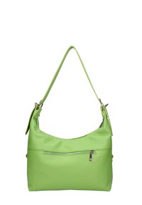 Sac à épaule en cuir vert avec une forme courbée, doté d'une poche avant zippée et d'une longue bandoulière réglable. Surface texturée.