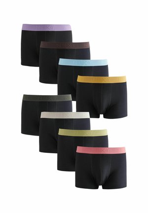 Schwarze Boxershorts mit unterschiedlich gefärbten Taillenbändern (lila, braun, hellblau, gelb, grün, beige, pink), die eine glatte Textur zeigen.