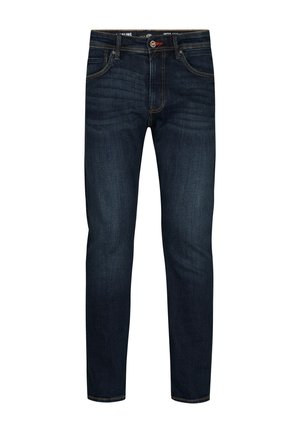 Jeans blu scuro con un classico design a cinque tasche, texture liscia, vestibilità dritta e cuciture dorate a contrasto.