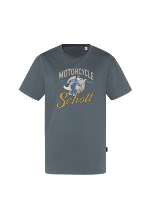 Dunkelgraues T-Shirt mit einem Cartoon-Mechaniker, der einen Schraubenschlüssel und einen Werkzeugkasten hält, vorne mit dem Text "Motorcycle Speedy Service Schott".