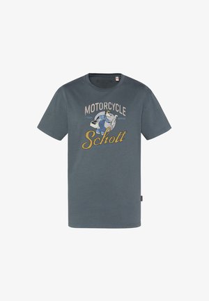 Dunkelgraues T-Shirt mit einem Cartoon-Mechaniker, der einen Schraubenschlüssel und einen Werkzeugkasten hält, vorne mit dem Text "Motorcycle Speedy Service Schott".