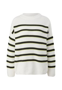Pull rayé blanc avec des bandes horizontales noires et jaunes vives. Conception décontractée avec une texture côtelée et un col rond.