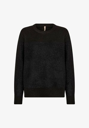 Zwarte trui met een textuur gebreid, met een effen bovenstuk en een pluizige onderkant. Ribgebreide manchetten en zoom versterken het gestructureerde ontwerp.