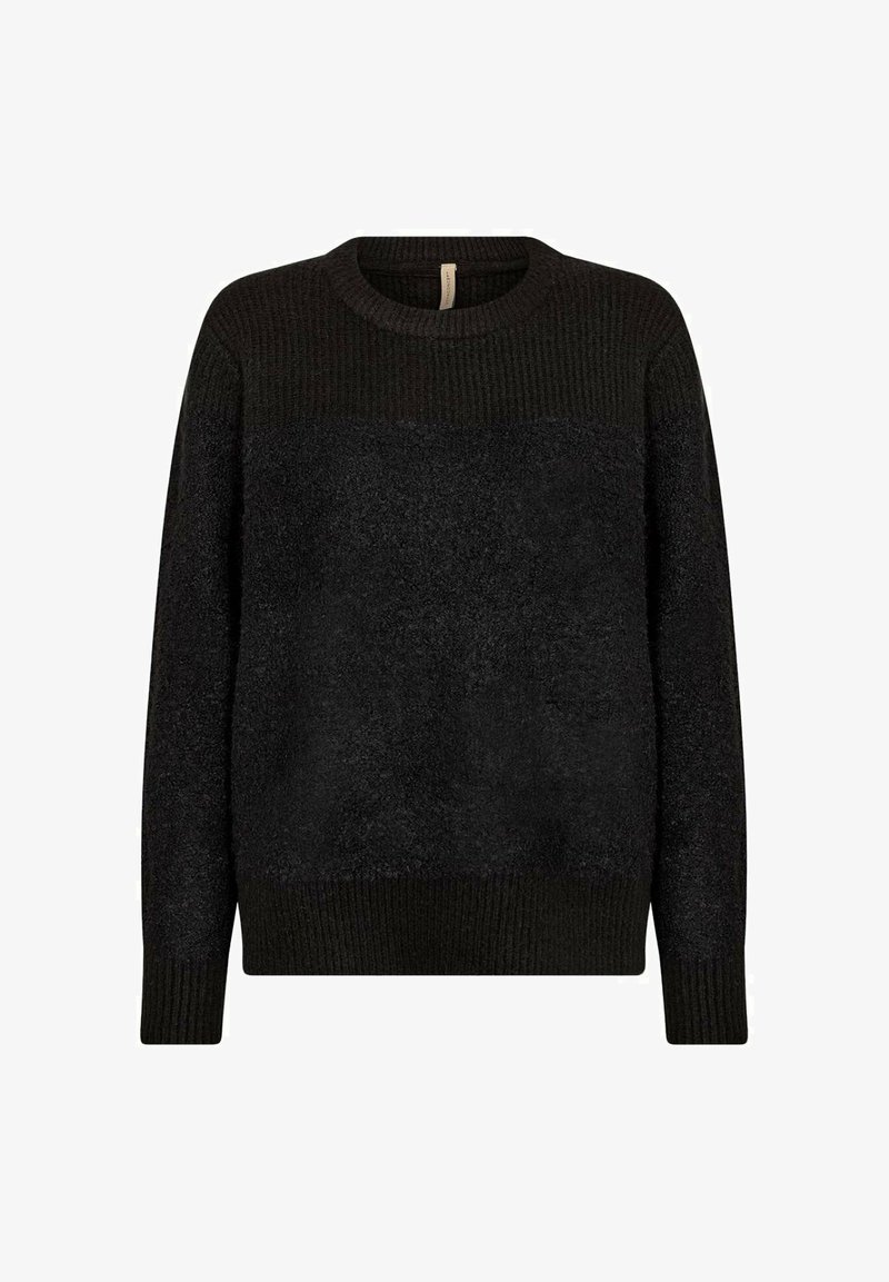 Zwarte trui met een textuur gebreid, met een effen bovenstuk en een pluizige onderkant. Ribgebreide manchetten en zoom versterken het gestructureerde ontwerp.