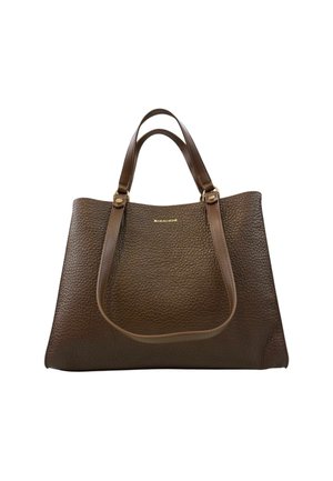 Borsa tote in pelle marrone con texture, dotata di due manici corti e dettaglio del logo dorato. Presenta un design strutturato e accenti lisci.